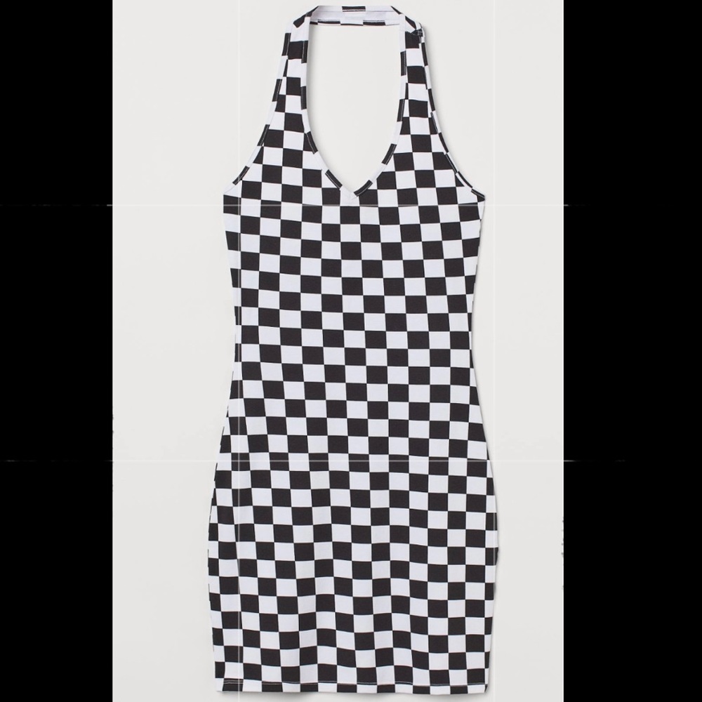 Black and White Checkered Bodycon Halter Dress